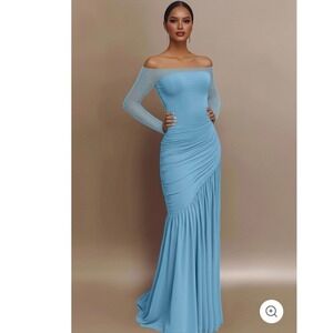 Light Blue Ruched Formal Gown Rhinestone Mesh Long Sleeve Floor Length Dress